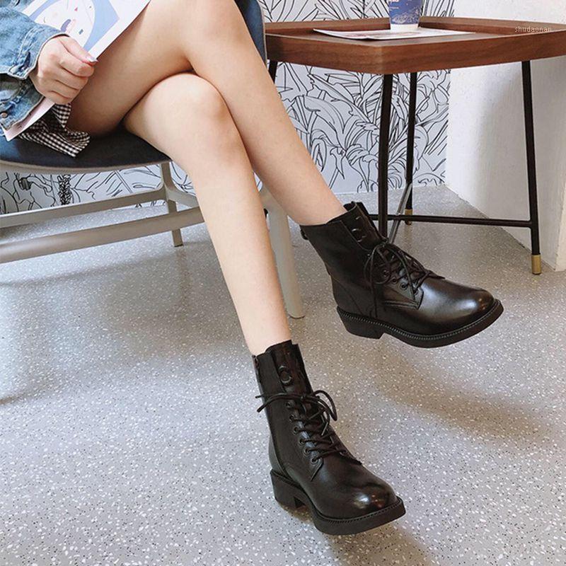 

Autumn and winter 2021 boots boots low heel Knight medium flat shoes Korean army locomotive1, Black