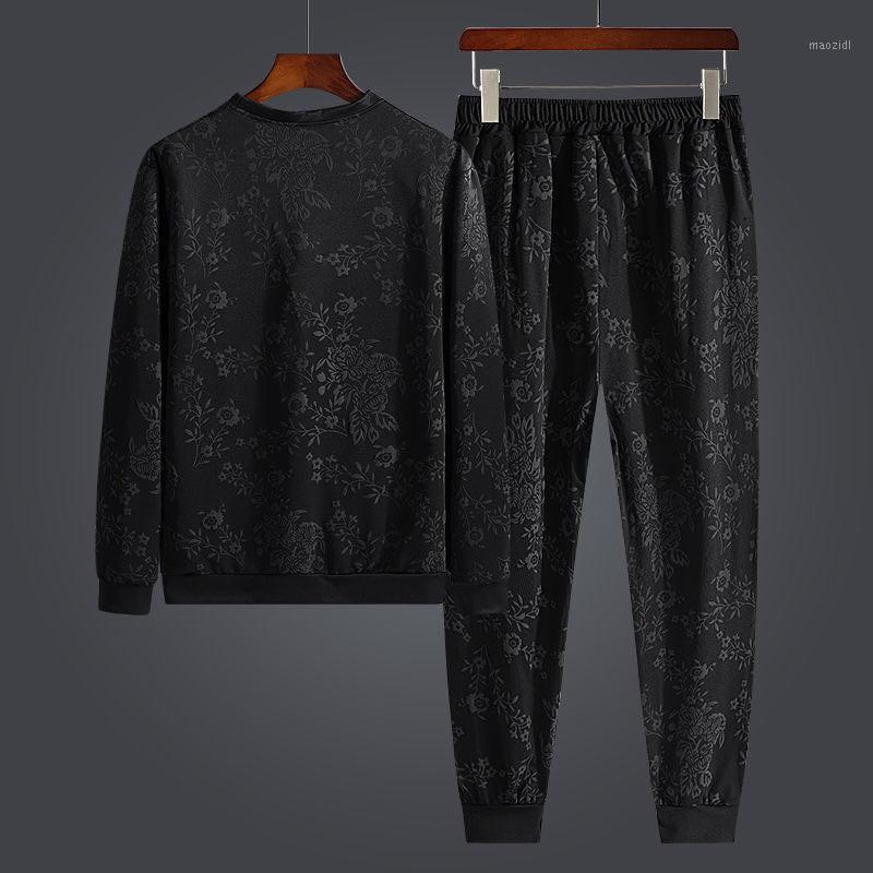 

2020 autumn European and American new simple jacquard round neck long sleeve sweater trousers casual sports suit1, Black