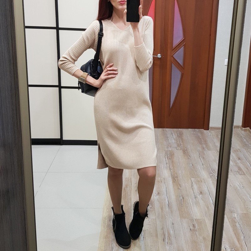 

2021 New v Neck Knit Women Sweater Autumn Winter Long Sleeve Pullover Midi Dress Thick Warm Christmas Party Dresses Fnrs, Coffee