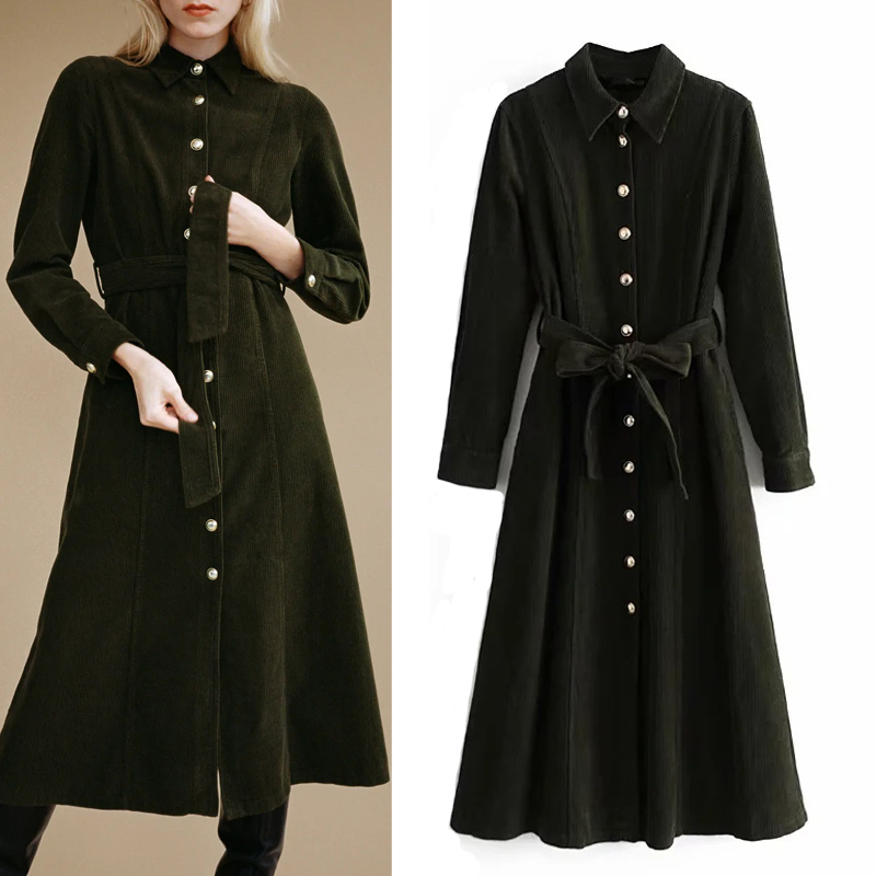 

2021 New Green Corduroy Shirt Women Long Sleeve Collared Midi Dress Woman Belt A-line Autumn Winter Elegant Ladies Dresses Tq4r, Army green
