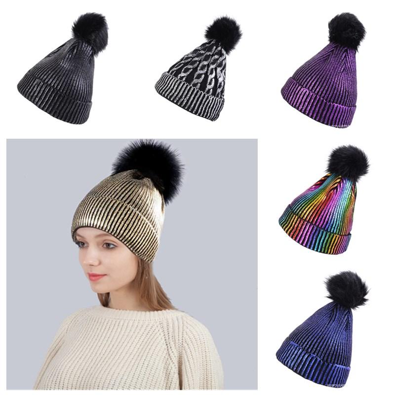 

Women winter knitted hat Fur ball Phnom rim warm knitted hat Shiny reflective beanie Outdoor warmth thick hood 2020, 05