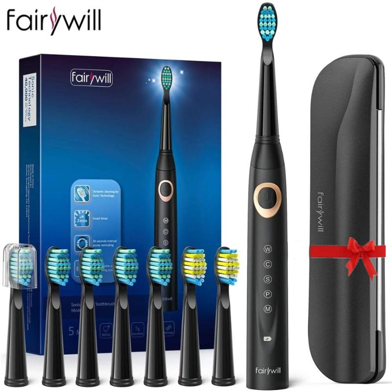 

Fairywill Electric Sonic Toothbrush Waterproof 5 Modes USB Charge Rechargeable Adult 8 Brushes Replacement Heads Toothbrush Gift