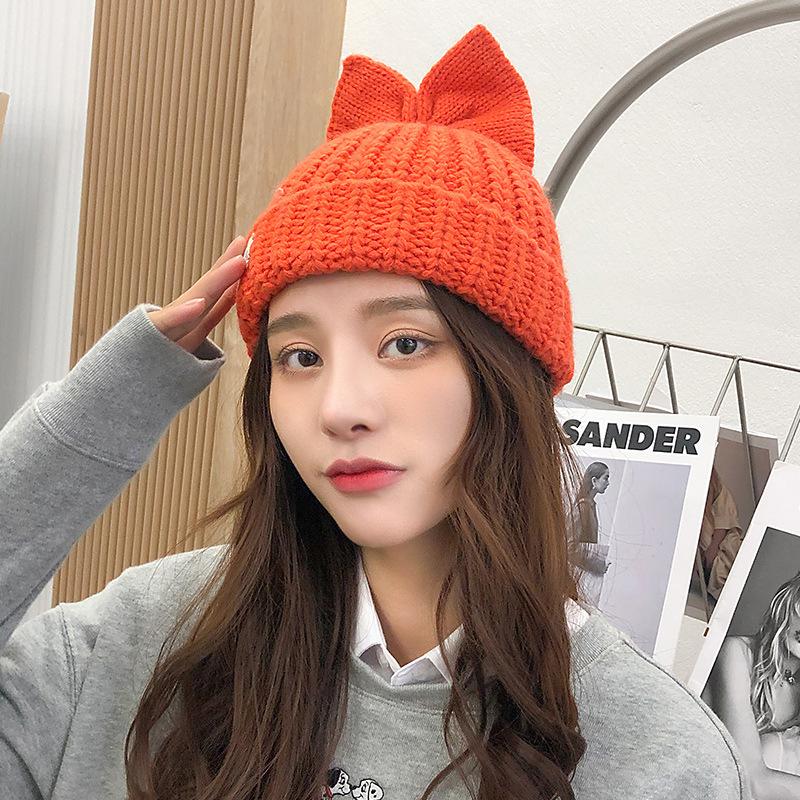 

New arrive winter cute gentle women soft cotton warm big bow Korean style fashion cold-proof thick yarn knitted skull beanie hat, Black