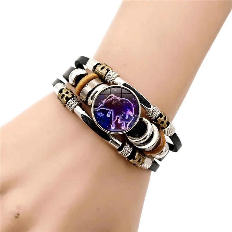 

Charm Bracelets Luminous 12 Constellation Vintage Bracelet Zodiac Sign Snap Button Multilayer Leather Bangle Men Jewelry Birthday Gifts