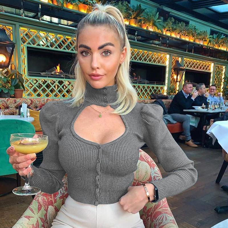 

Autumn Winter Slim Knitted Turtleneck Top women' slim hollowed out Sexy Knitwear solid color single-breasted sweater pullovers, Gray