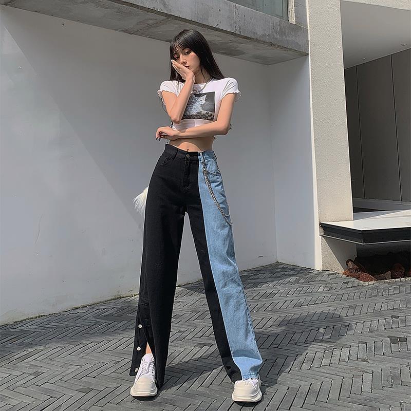

The new black and blue stitching contrast color high-waisted button slit jeans women' all-match tall and thin straight pants, Multi