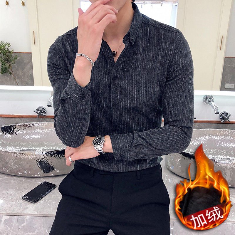 

2021 Men's Spring and Winter New Thin Plus Striped Retro Shirt Young Clothes 1XPF, Grey plush light