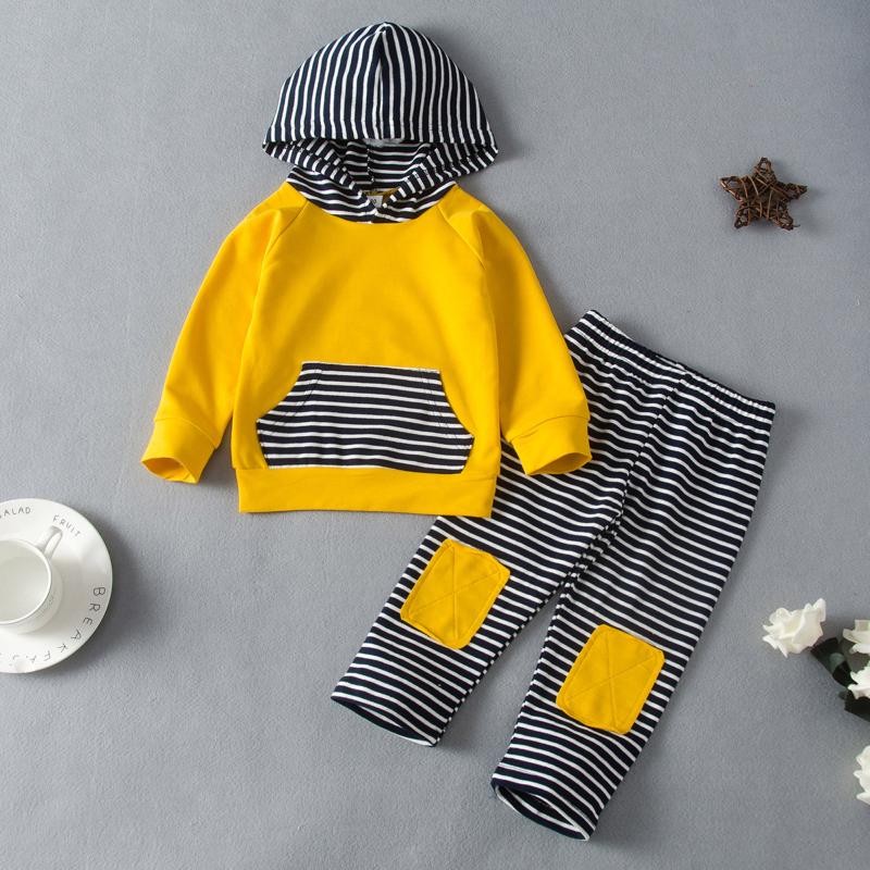 

#50 0-24M Newborn Infant Baby Boys Girls Patch Striped Hooded Sweatshirt+Pants Outfits Set Autumn Winter Newborn Clothes, Yellow