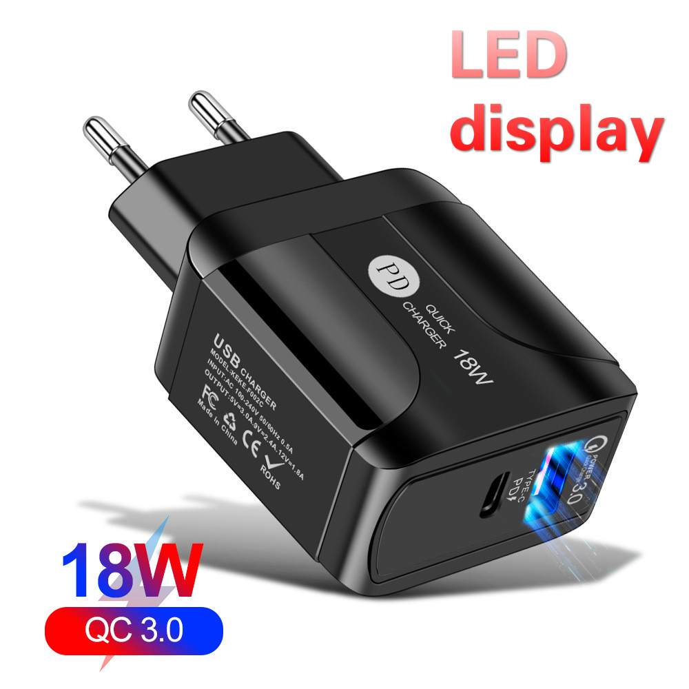 

Type C USB-C Quick Charger QC3.0+PD 18W LED display Fast Wall cellphone Chargers for IPhone Ipad Xiaomin Huawei Mobile Phone