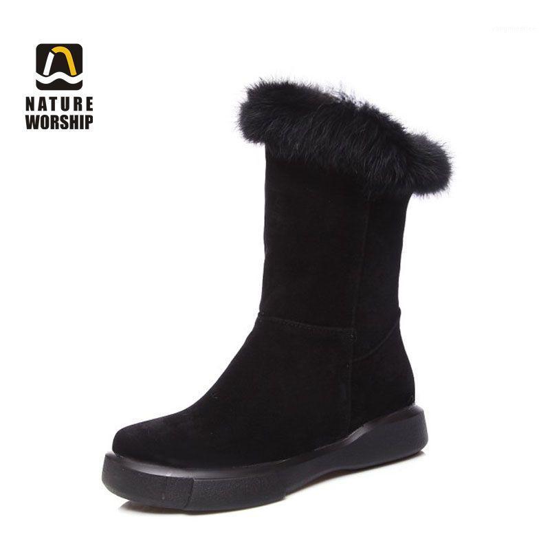 

Winter Women Mid-calf Boots Flock Nubuck Faux Fur Solid Fashion Keep Warm Plush Insole Round Toe Slip-on Low Heels Platform1, Black