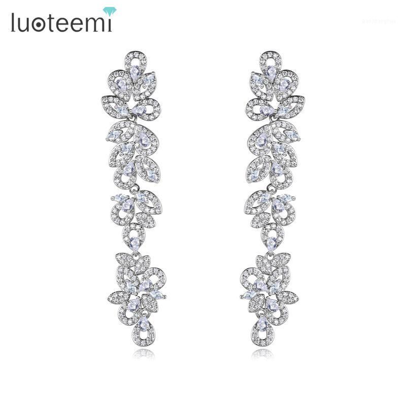 

Flower Cubic Zircon Long Pendant Earring For Women Wedding Engagement Earrings Wholesale Price Dangle & Chandelier, Silver