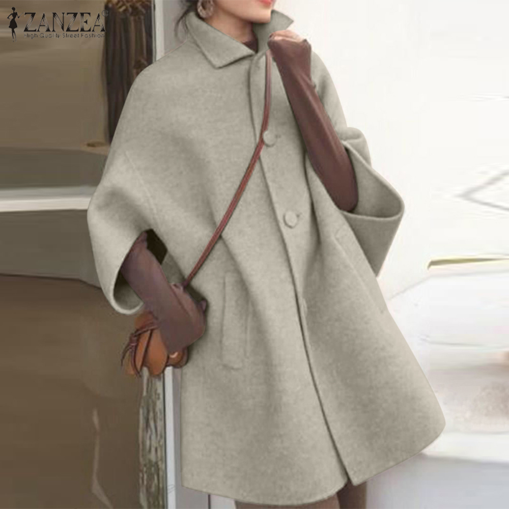 

5XL ZANZEA Wool Winter Long Coats Women's Jacket Ladies Lapel Ropa De Mujer 2020 Casual Batwing Sleeve Solid Outwear Plus Size, Black
