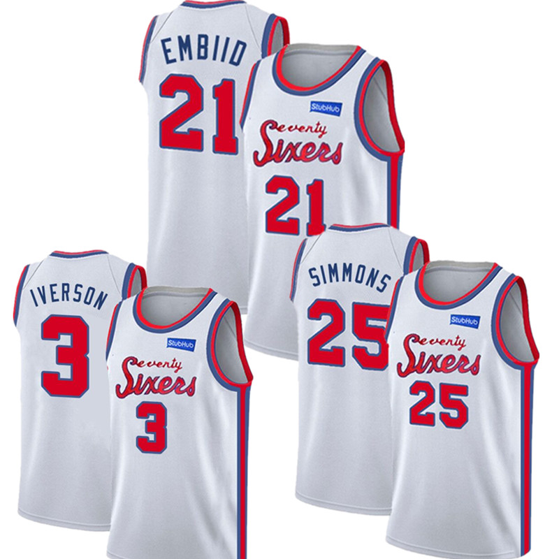 

Ben 25 Simmons Jersey joel 21 embiid Jersey Mens Allen 3 Iverson Basketball Jerseys Retro Mesh Iverson Jersey, Black;red