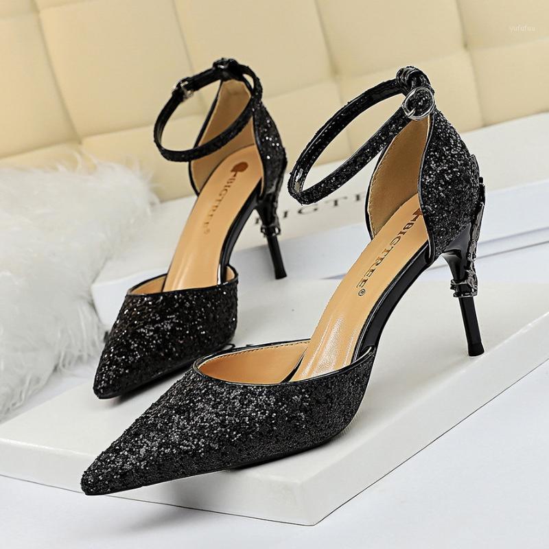 

European And American Sexy Hollow Women's Shoes With Metal Decorative High-heeled Shallow Pointed Sequins And Hollow Sandals1, Black