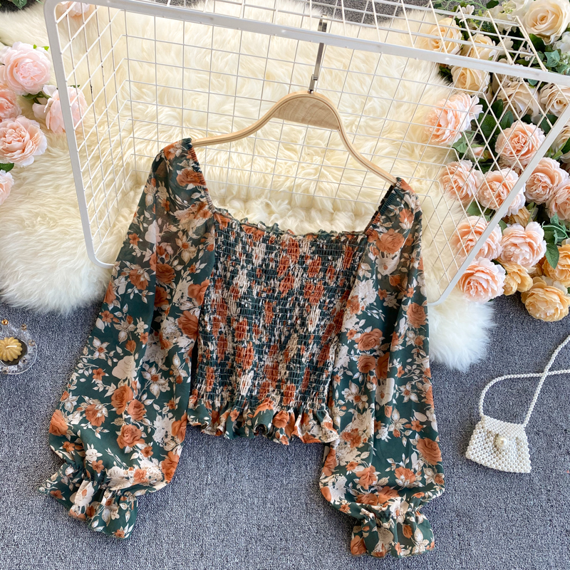 

2021 New Singreiny feminine chiffon floral printing blouse spring square collar puff short thin elastic ruched tops DAU3, Apricot