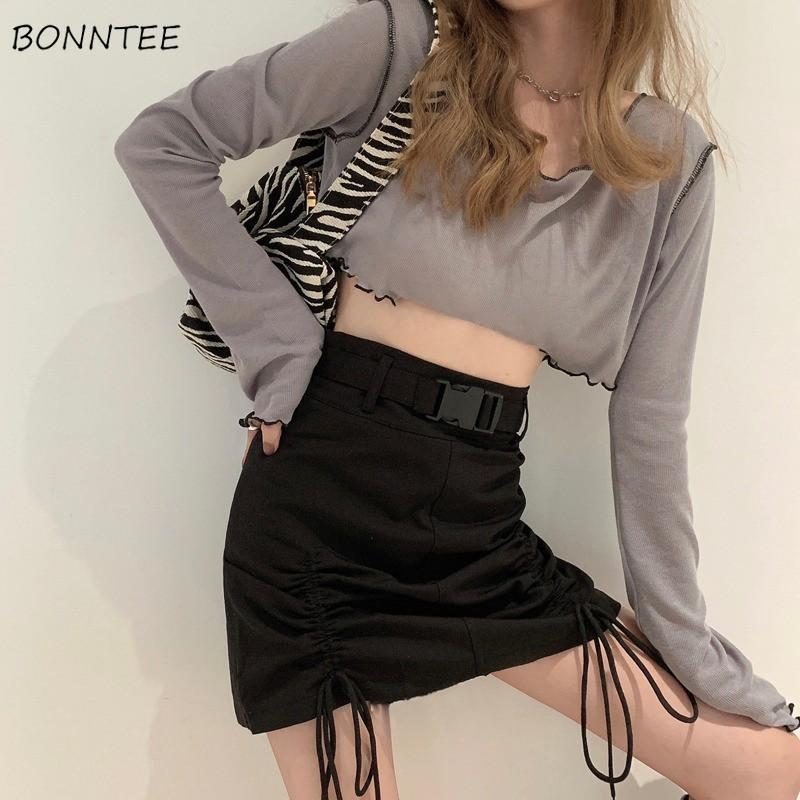 

Solid Women Skirts Drawstring High-waist A-line Chiffon Sexy Bodycon Fit Stylish Half-Length Casual All-match Streetwear Sheath, Brown