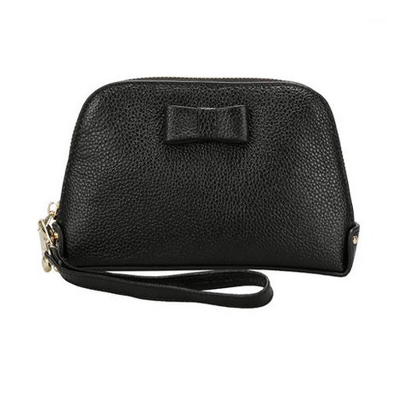 

Genuine leather Cosmetic Bag Women's Travel Makeup Bag Genuine Leather Ladies High Quality Cosmetic case shell Zipper purse1, Black