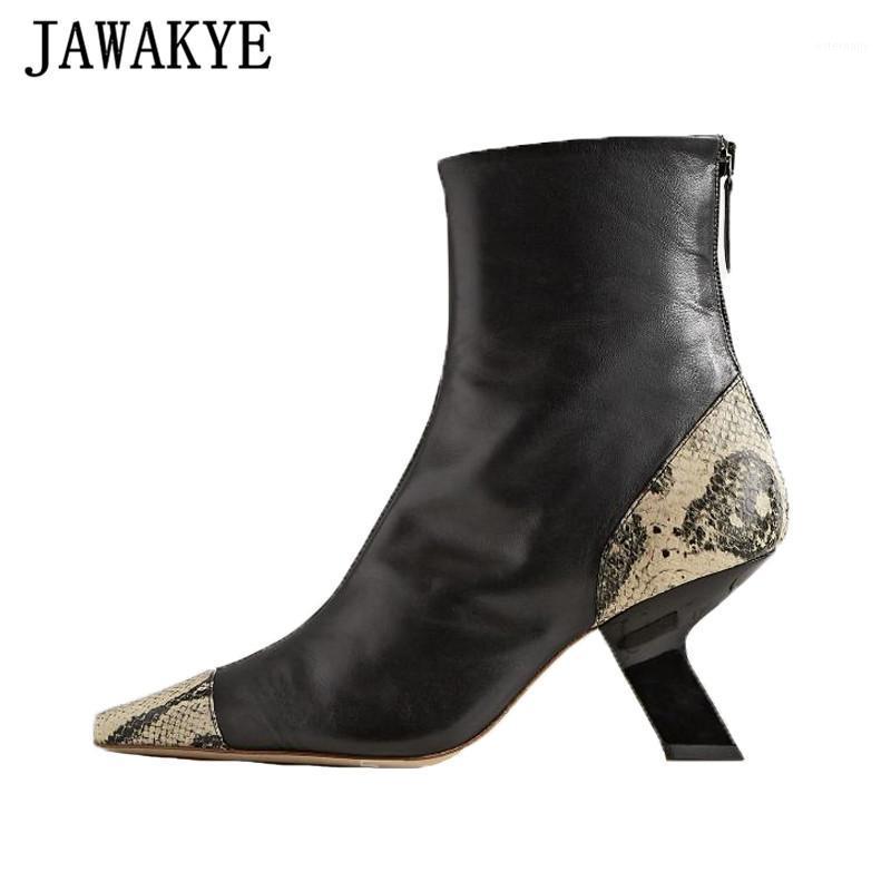 

New Autumn Strange Heel Runway Shoes Woman Ankle Boots Snake Patchwork Leather Party Dress Boots Trendy Back Zip Short1, Brown