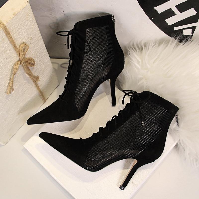 

European And American-Style High Heel Pointed Cross Lace-up Suede Pointed-Toe Mesh Hollow Sexy Nightclub Lace-up Ankle Boots, Black