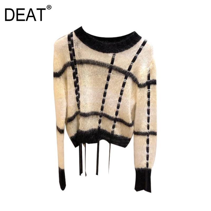 

DEAT Pullover Knitted Sweater Women Plaid Tassel Vintage Style Thin Full Sleeve Round Collar 2020 New Autumn Fashion TU807, White