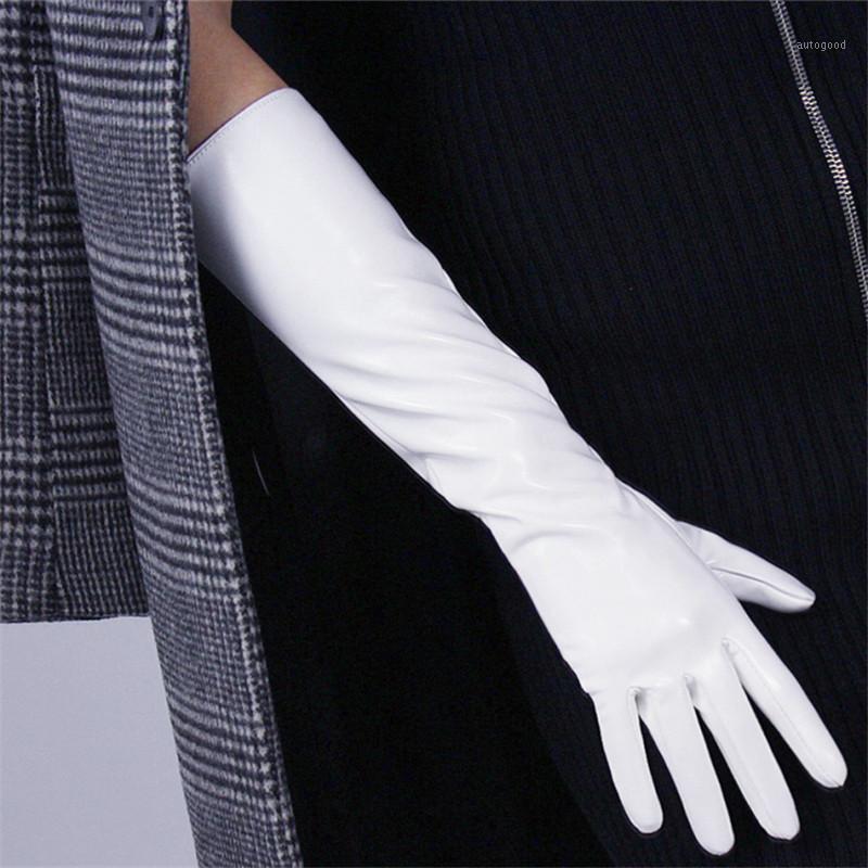 

Five Fingers Gloves 40cm Patent Leather Long Section Bright White Black Brown Red Emulation PU Touchscreen PU74-401