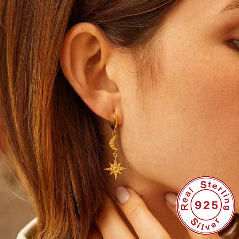 

Hoop & Huggie ROMAD Retro Moon/Anise Star Pendientes Earrings For Women Trendy Long Tassel INS Pierced Earings Silver 925 Jewelry Brincos
