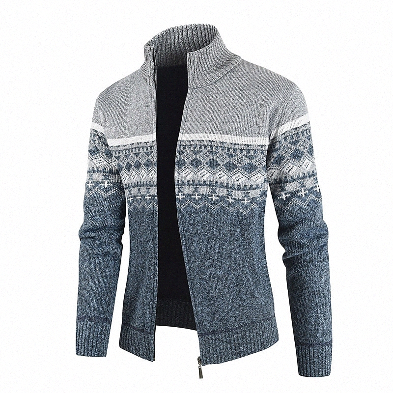 Men's Cardigan Knitted Argyle Zipper Front Long Sleeve Sweater Cardigans Stand Collar Fall Winter Wine Light gray Dark Gray W62D#
