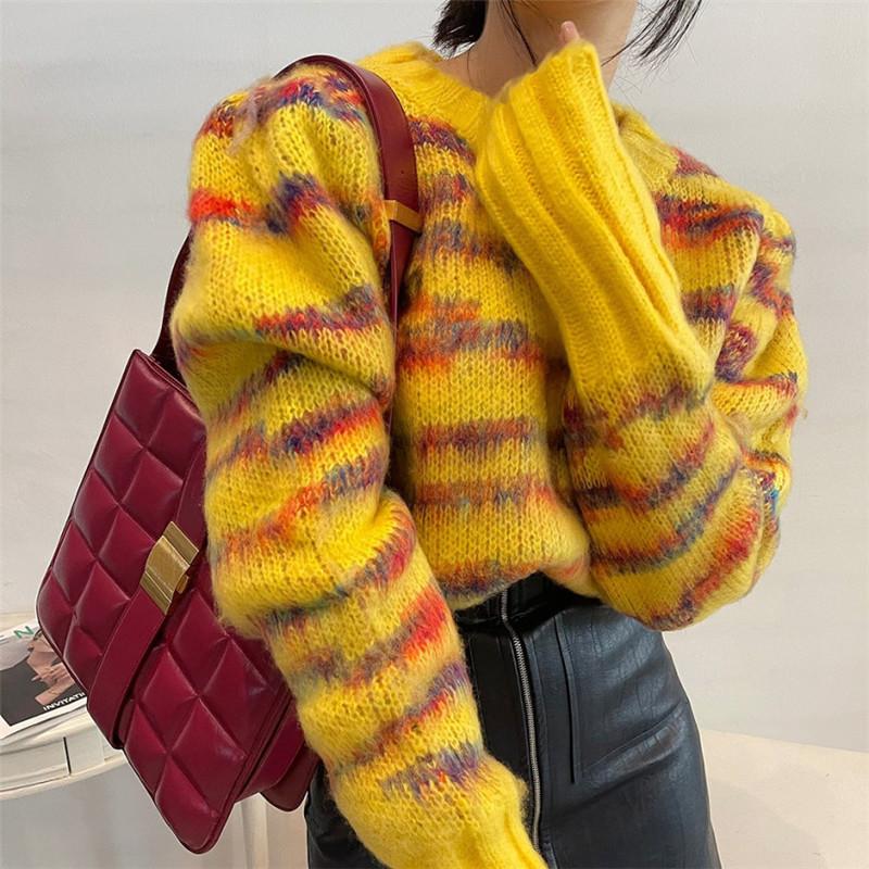 

Colorful Striped Rainbow Colors Comfort Winter Sweater 2020 New Vintage Thick Mohair Loose Oversize Pullovers Women's Jumpers, Black