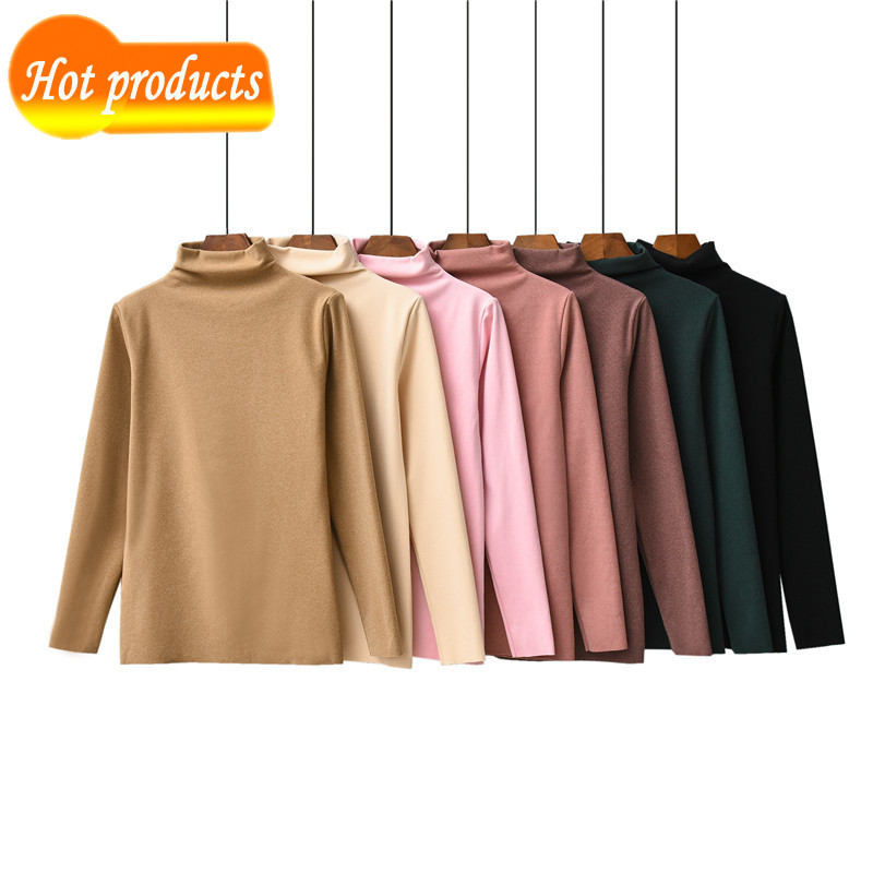

Casual turtleneck long sleeve solid white female pullover stretched basic tops thin women's undershirt adjustment P944, Melon red