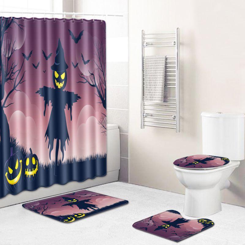 

Happy Halloween Cover Mat Set Bathroom Shower Curtain Mat Set Bathroom Shower Curtain Waterproof Fabric Toilet Mats1