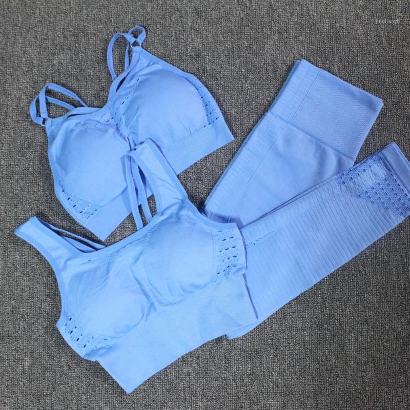 

8 Colors 2pcs Padded Push-up Strappy Sports Bra + Gym Leggings Workout Set Seamless Yoga set Women Fitness Clothing Sport wear1, Gray