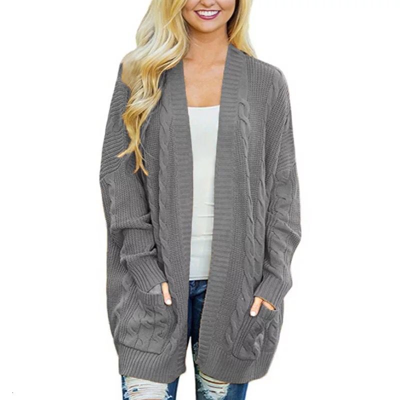 

2021 New Female Sweater Plus Size 3xl Medium Length Double Thickness Pocket Torsion Simple Hot Cardigan Mesh VFU8, Black