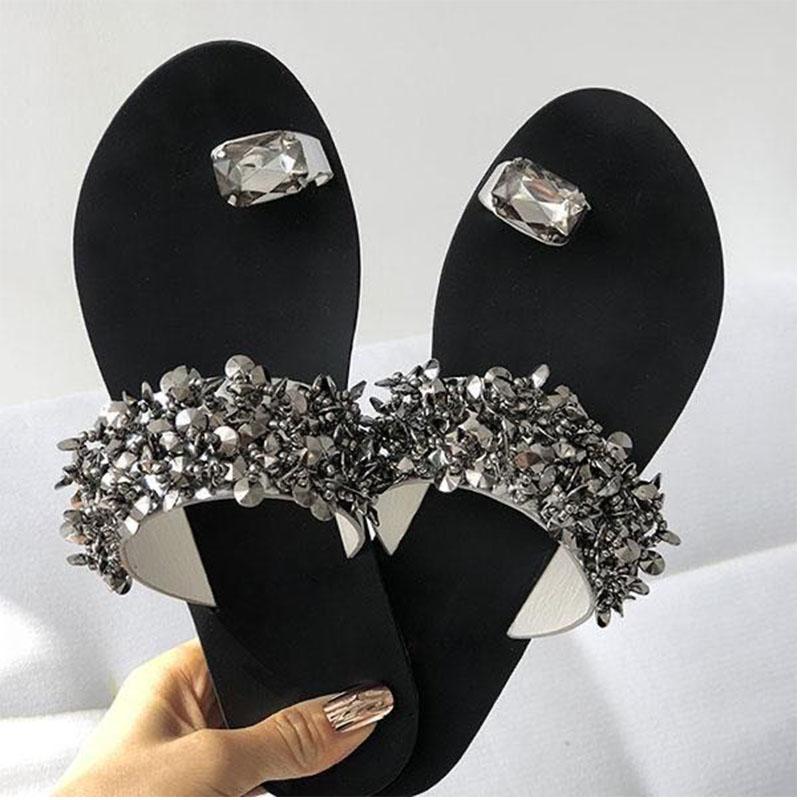 

2021 Slippers Women Shoes woman Slippers Outside Slides Zapatos De Mujer Shining Crystal Ladies Shoes Summer sandals Beach Flat, Black