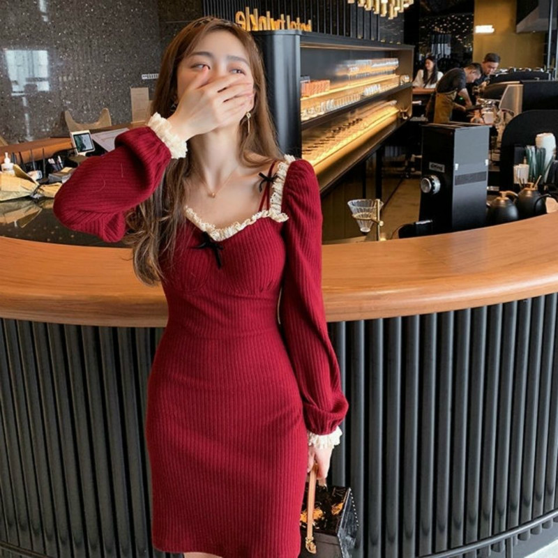 

2021 New spring female sweater knitted-out black chic ladies lace turtleneck square dress y245 G2JJ, Unkhongseunk