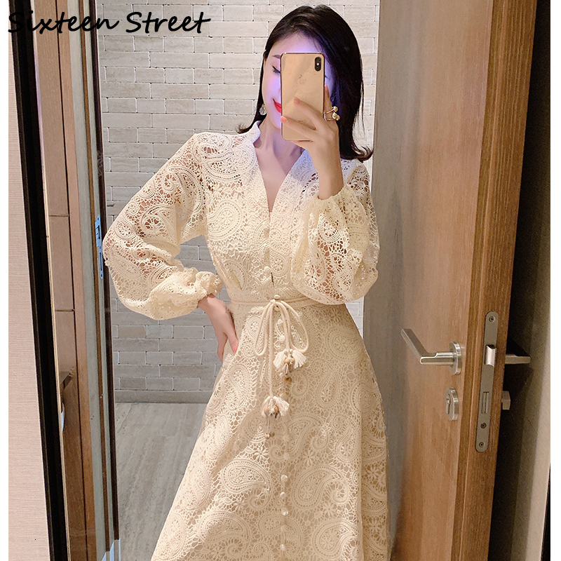 

Lady Lantern Dressed in Lace for Woman Apricot Hollow V-neck Long Elegant Single-breasted Dress Feminine Spring Fall S99f, Blue