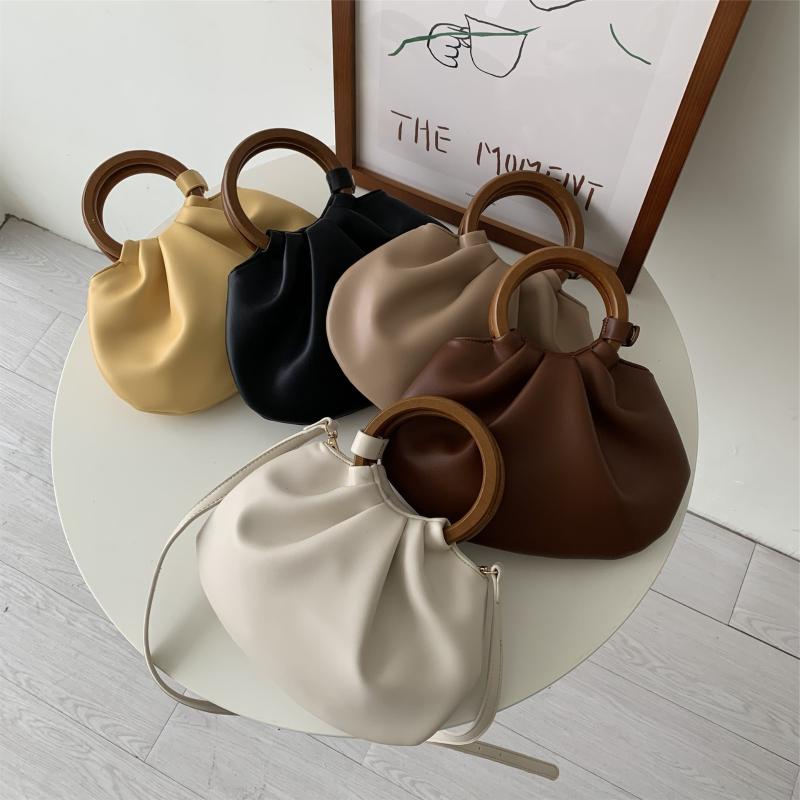 

Totes Pleated Handbags Tote Bag Women 2021 Wooden Handle Shoulder Designer Crossbody Female Top-handle Purse, Black