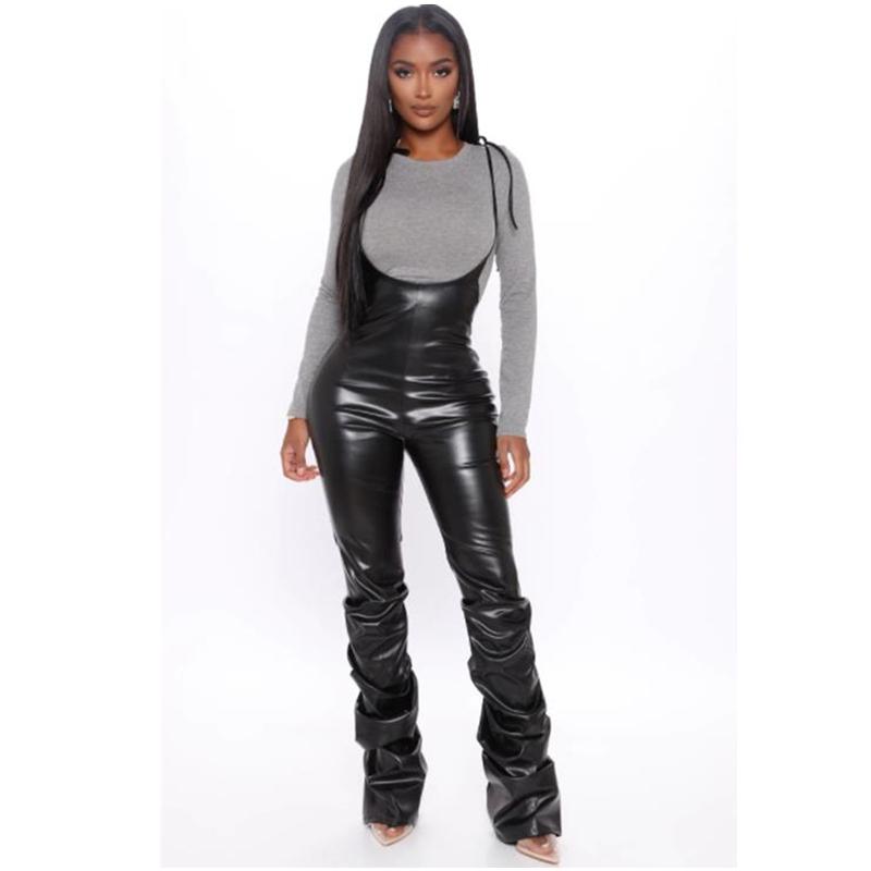 

Fashion Women' PU Leather Jumpsuit Black High Waist Suspender Trousers Party Club Fall Straps Bottoms One Piece Romper Clothes