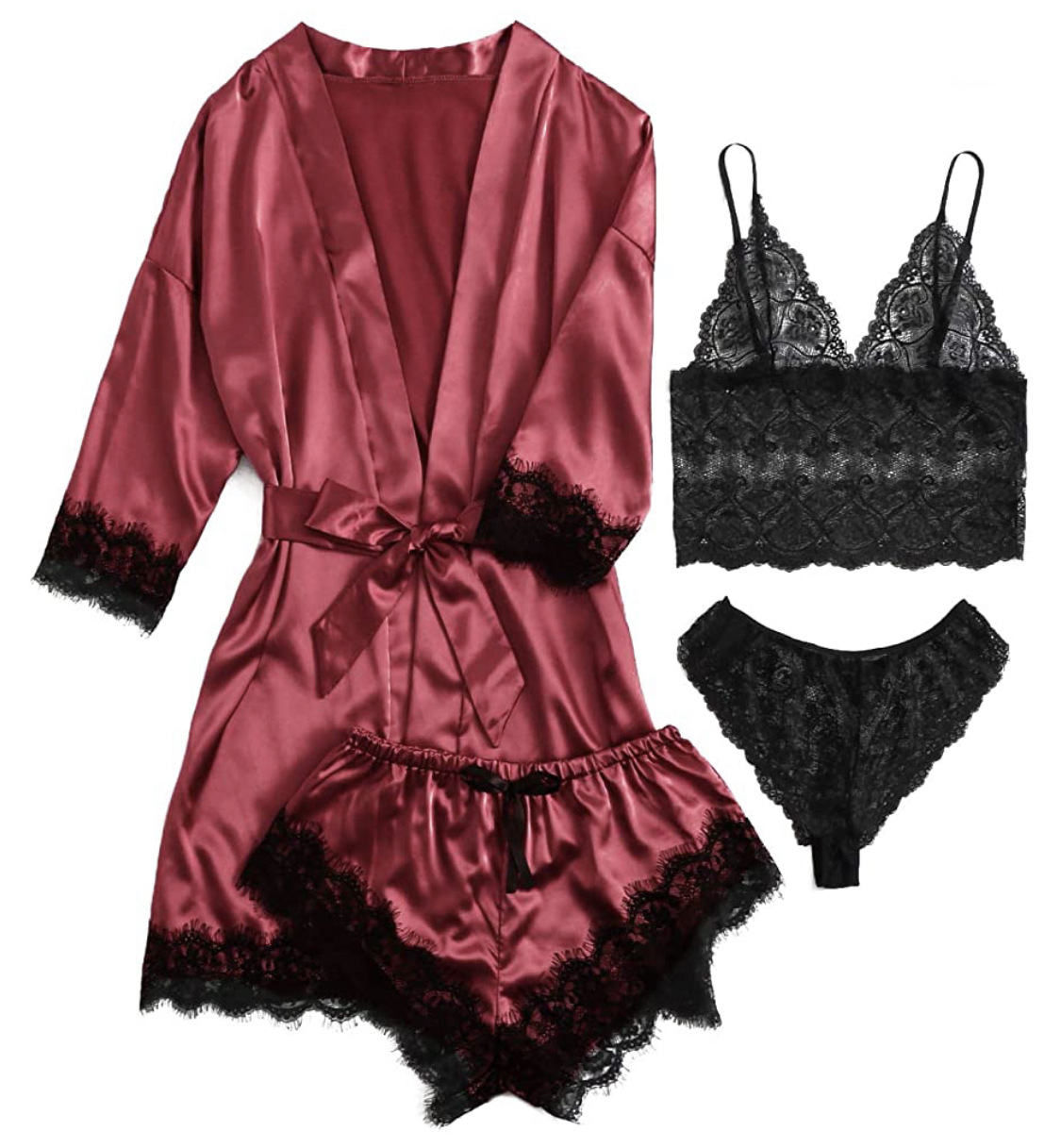 

Women's Pajamas 4-Piece Lace Satin Sling Robe Sexy Sling Dress Homewear Lace Pajama Set #2022, Pink