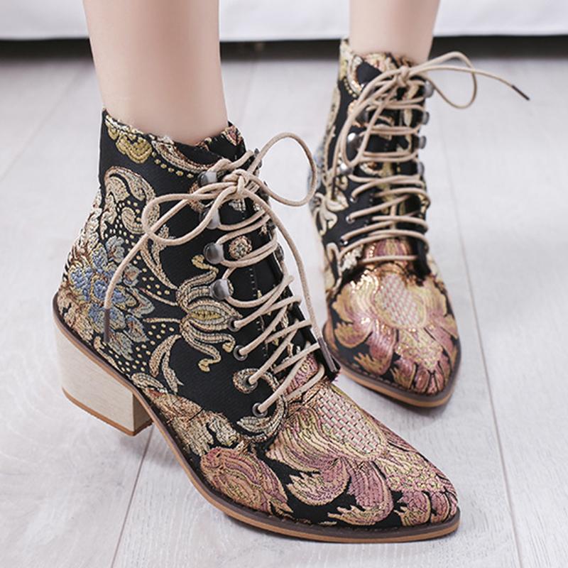 

New Women Luxury Silk Boots Retro Ankle Boots New Autumn Winter Embroider Womens Motorcycle Lace Up Shoes Woman sy580, Multi