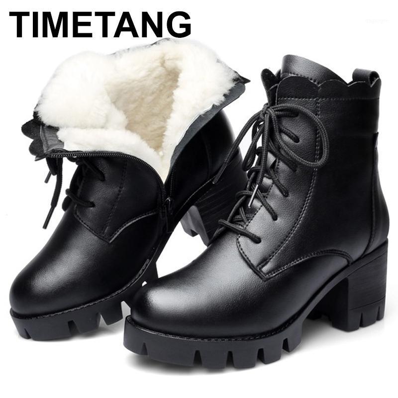 

TIMETANG 2020 Fashion Genuine Leather Ankle Boots Women Winter Wool Warm Mar Boots Thick High Heels Snow Boot Female Shoes E3091, Black