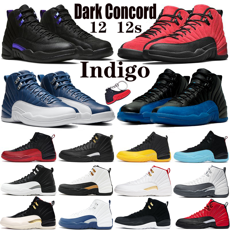 

12 12s men basketball shoes Black Dark Concord university gold reverse flu game White Dark Grey Indigo CNY sport mens sneakers, 34 og box