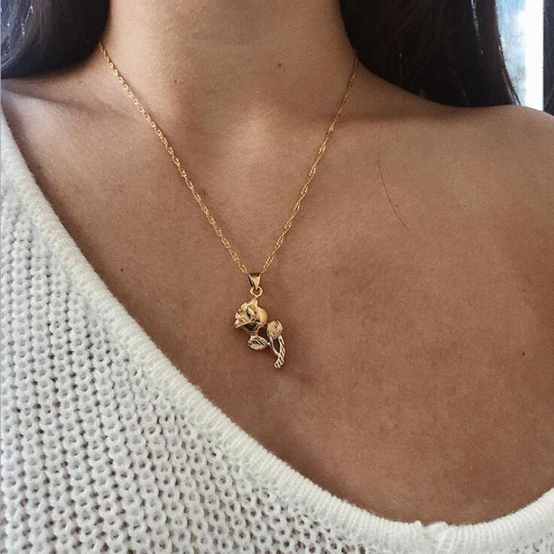 

Fashion Jewelry Collier Pink Gold Rose Statement Pendant Necklace Women's Beauty and Beast Jewelry Lovers Gifts