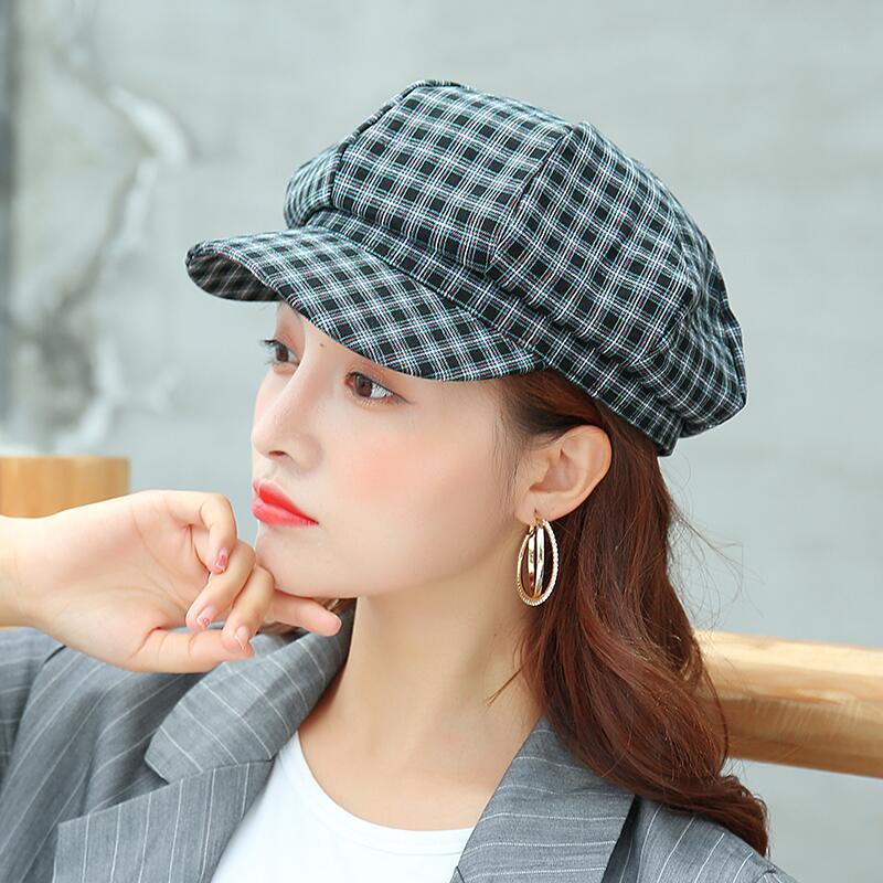 

New Women Beret Octagonal Hat Newsboy Cap Spring Fashion Cap Woman Plaid Checks Woolen Hat For Girls Women Lady, Black