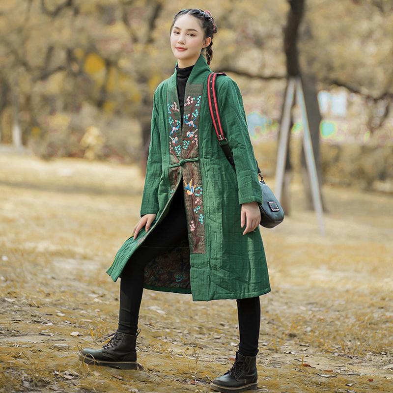 

Johnature Women Embroidery Vintage Parkas Stand Single Button 2021 Autumn Winter New Cotton Linen Women Patchwork Parkas Coats, Black