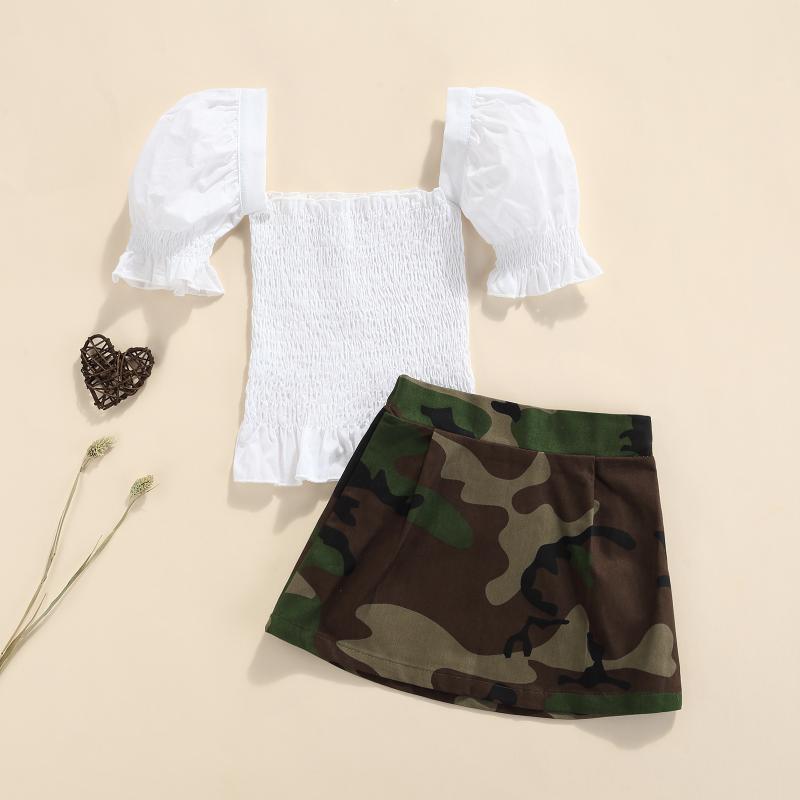 

Clothing Sets Fashion Summer Toddler Kids Baby Girls Clothes Puff Sleeve Solid T Shirts Tops Camouflage Skirt Outfits 2pcs, White