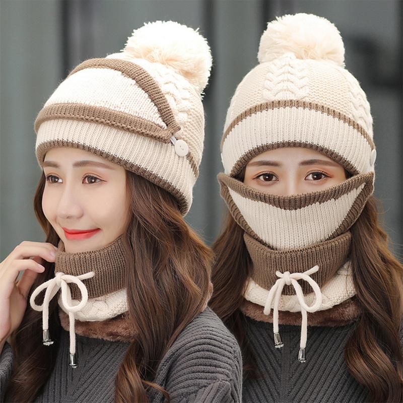 

Winter Hats Women Winter Knit Beanies Hat with Bib and Mask Female Ear Protection Skullies Hat Warm Velvet Thick Riding Wool Cap, Color 8
