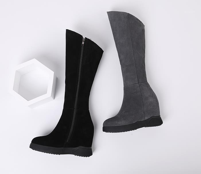 

2020 new wedge with long boots leather tube high 10cm female autumn and winter wild matte high boots1, Black
