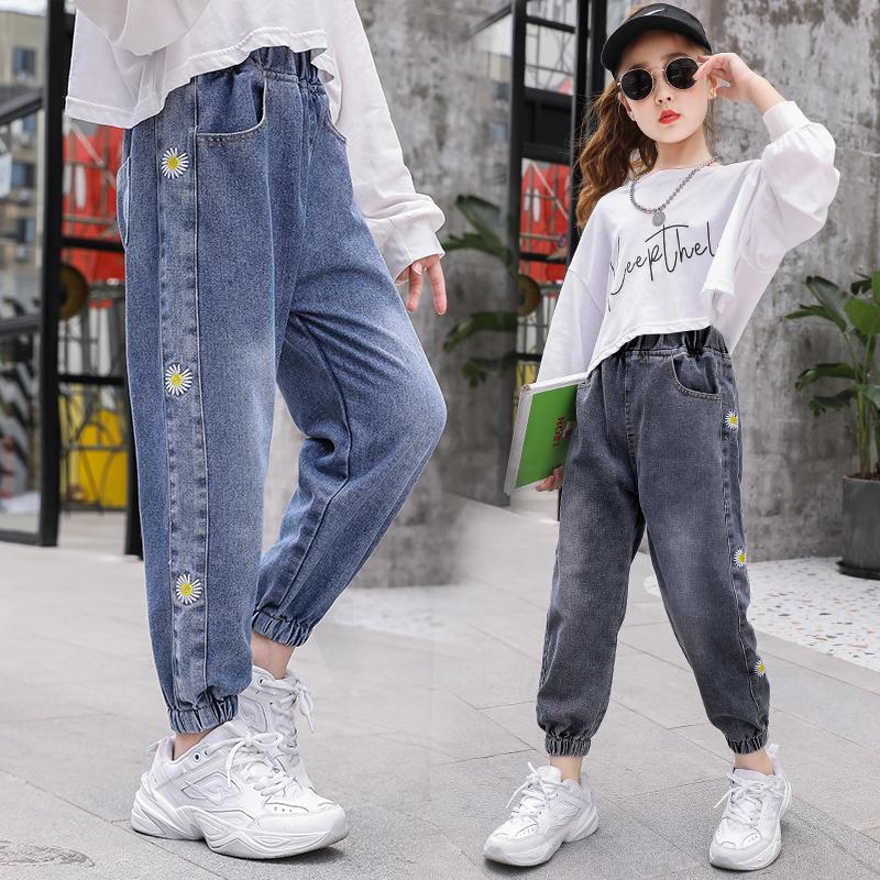 

4-15Y Teenage Children Girls Jeans Elastic Waist 2021 Spring Fall Fashion Embroidery Flowers Pants Kids Loose Trousers Clothes, Spring autumn
