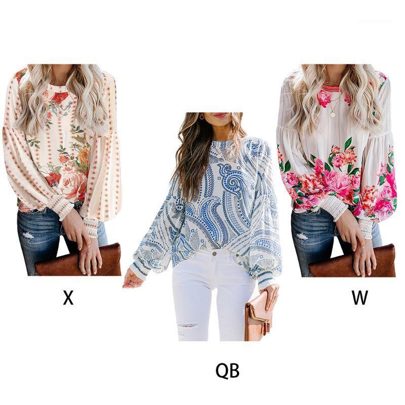 

Women Autumn Lantern Sleeve Loose Shirts Boho Vintage Floral Print Striped Pullover Tops O-Neck Elegant Beach Blouse1, Beige