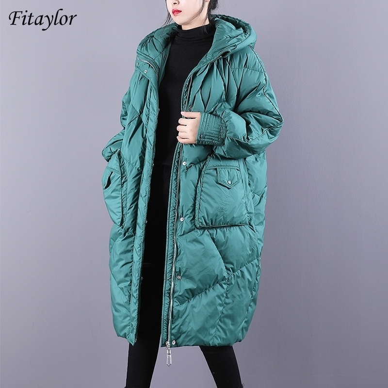 

Fitaylor Winter Loose Hooded Long Jacket Women 90% White Duck Down Coat Hight Quality Bread Parka Thick Warm Splicing Outwear 201120, Black